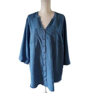 Torrid Size 3 3X Chambray Denim Shirt Button Front Roll Tab Sleeve blue white
